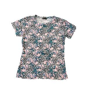 Emily Stacy Blouse Women LG Graphic Animal Floral Leopard Pink Blue Short Sleeve